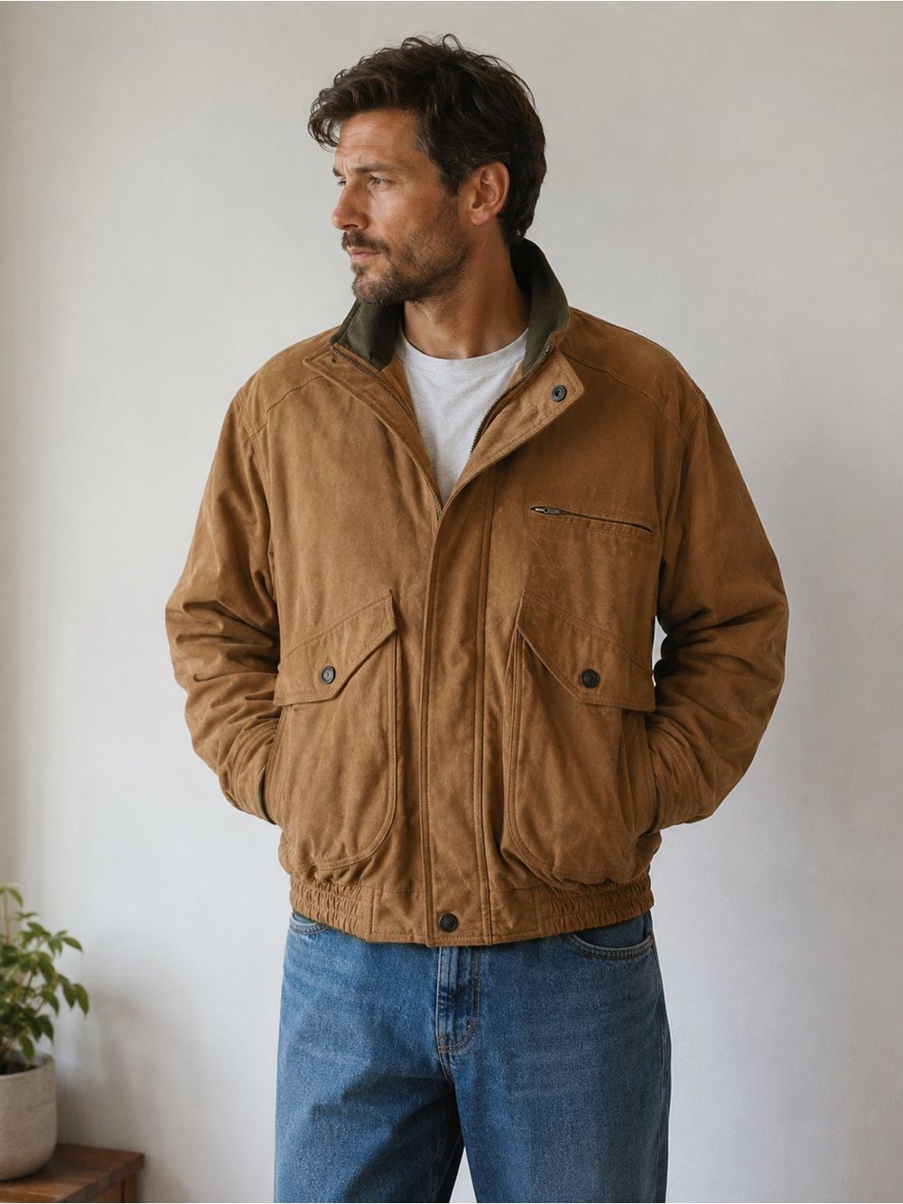 Rare Vintage Green Fields Men’s Leather Bomber Jacket Size L Lined Tan Brown